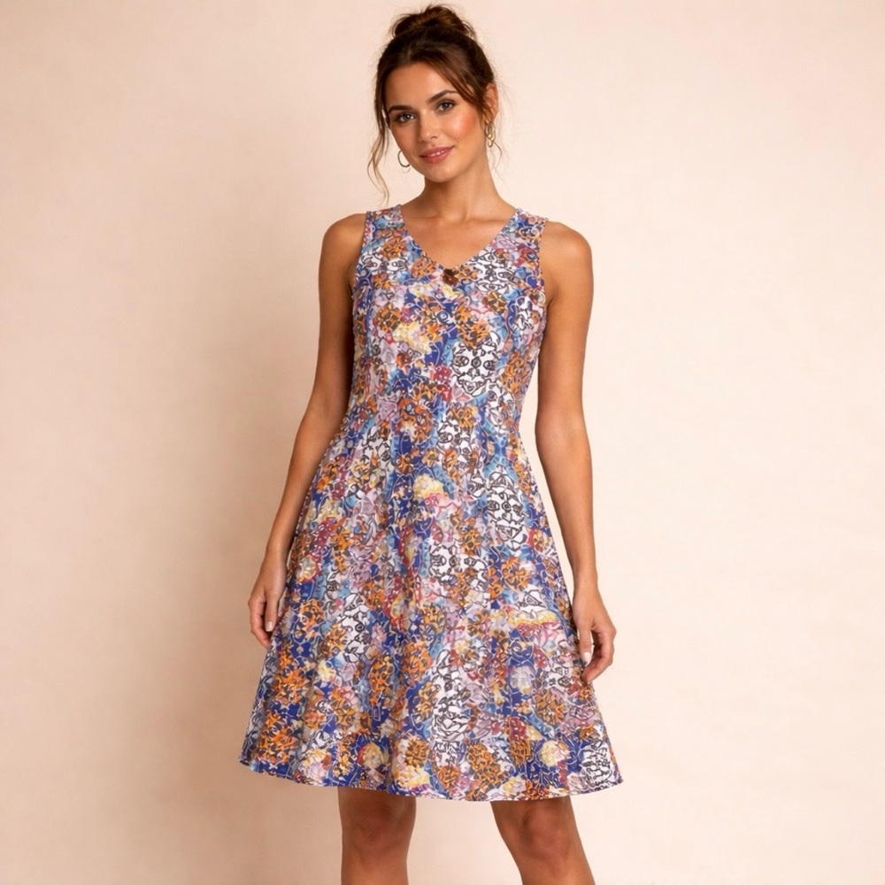 Boho Multicolor Artsy Sz L A-Line Sleeveless Stretch Vacation V-Neck Midi Dress